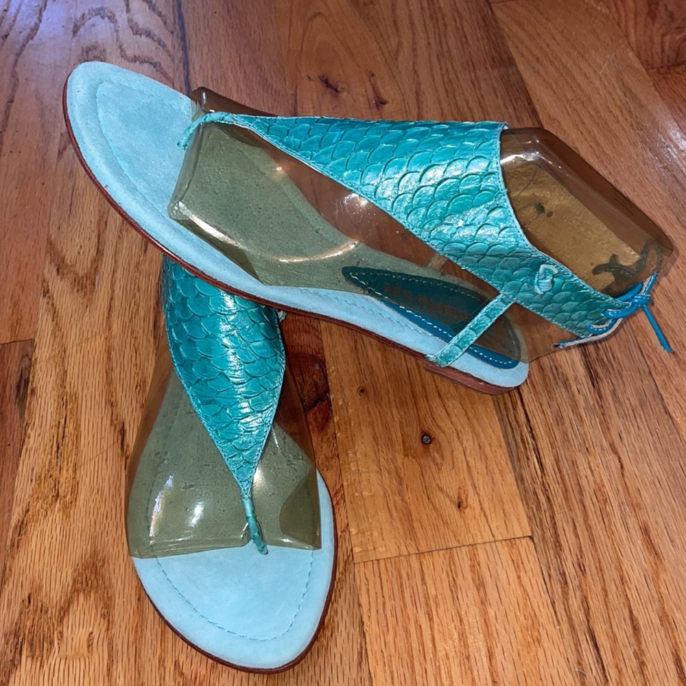 NEW CANDELA NYC Boho scalloped Turquoise mermaid scales leather thong sandal 10 - Picture 11 of 12